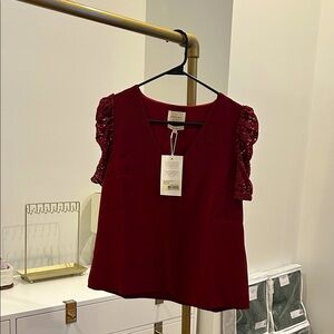 Sezane Red Blouse with Lace Sleeves